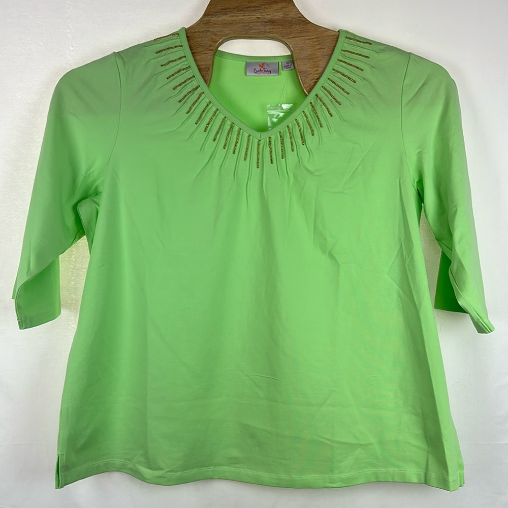 Quacker Factory Top 1X V-Neck Beading 3/4 Sleeves Green New Embellished